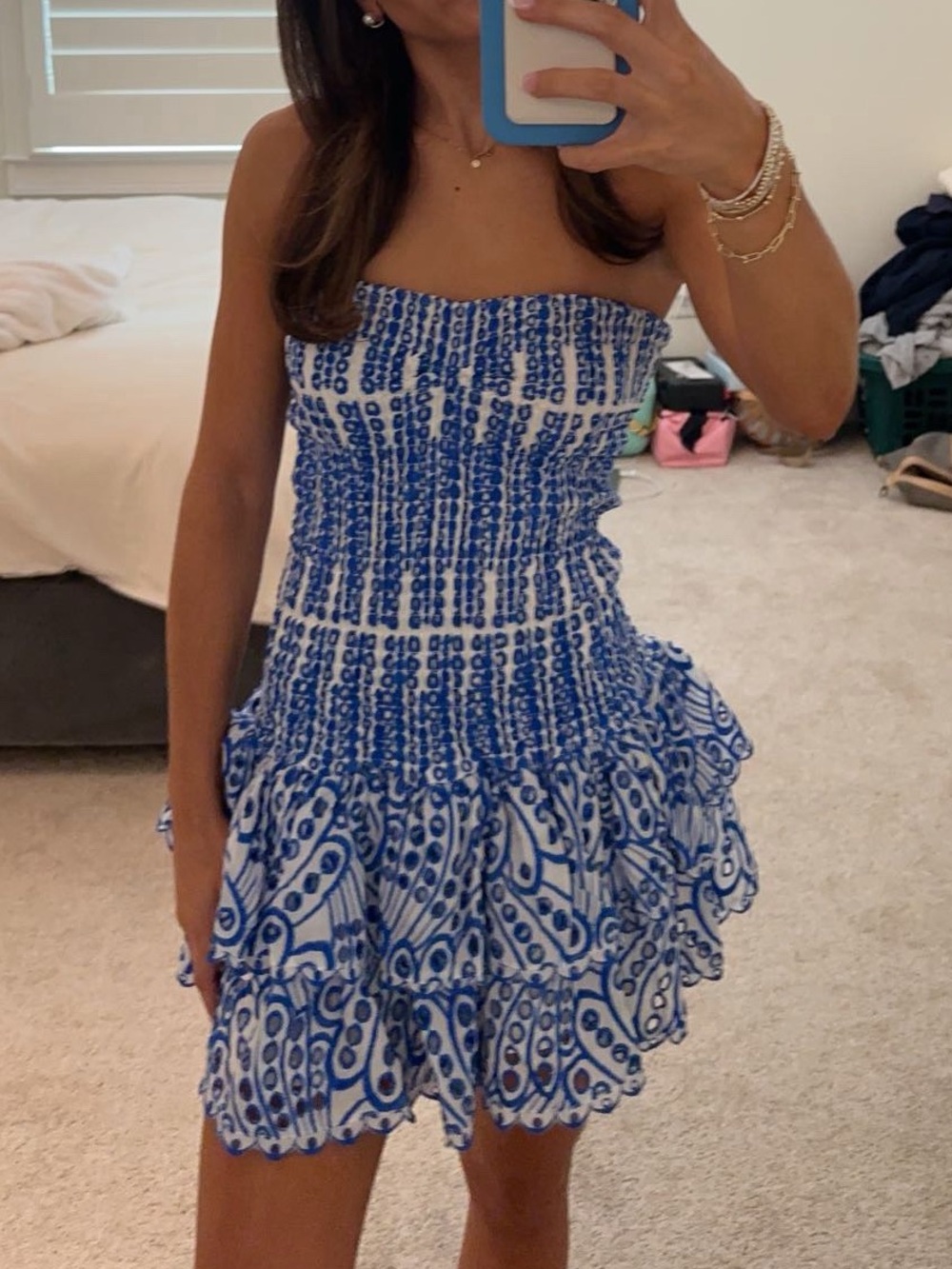 Blue and White Strapless Smocked Mini Dress
